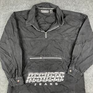 Vintage Results Jeans Jacket Mens Large Black Quarter Zip Pullover Logo Pocket